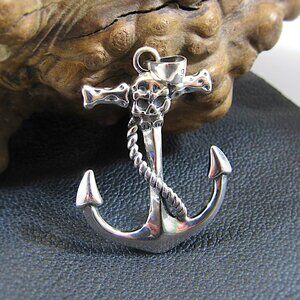 Solid 925 Sterling Silver Anchor & Skull Gothic Pirate Pendant for Men